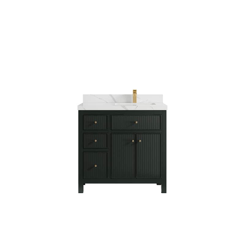 Willow Collections 36 in W x 22 in D Sonoma Right Offset Free Standing Reeded Bathroom Vanity with Countertop - 2" Calacatta Laza - Dark Forest Green