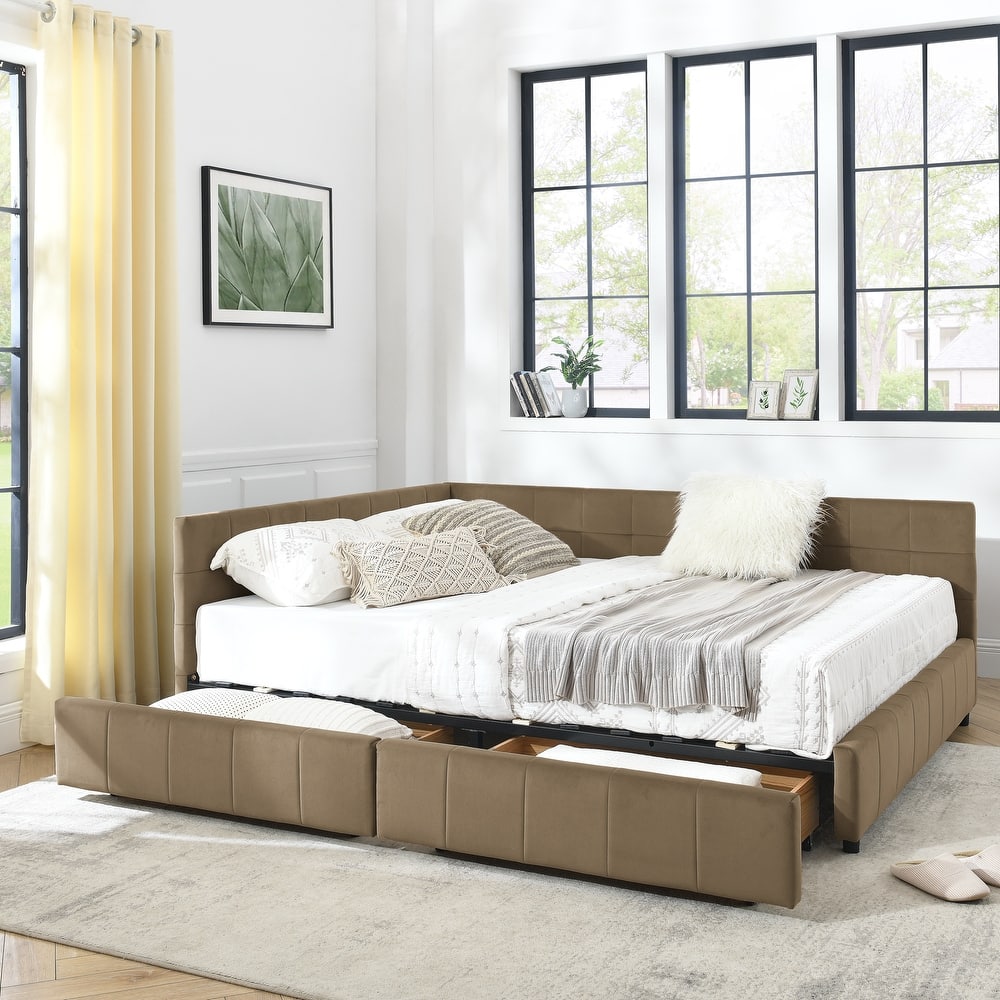 Queen Size Velvet Upholstered Daybed with Storage Drawers