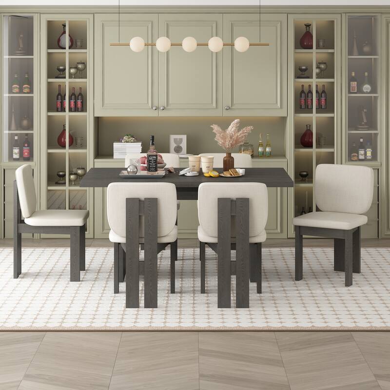 Vintage 7-Piece Dining Set, Rectangular Table with Trestle Base & 6 Upholstered Chairs