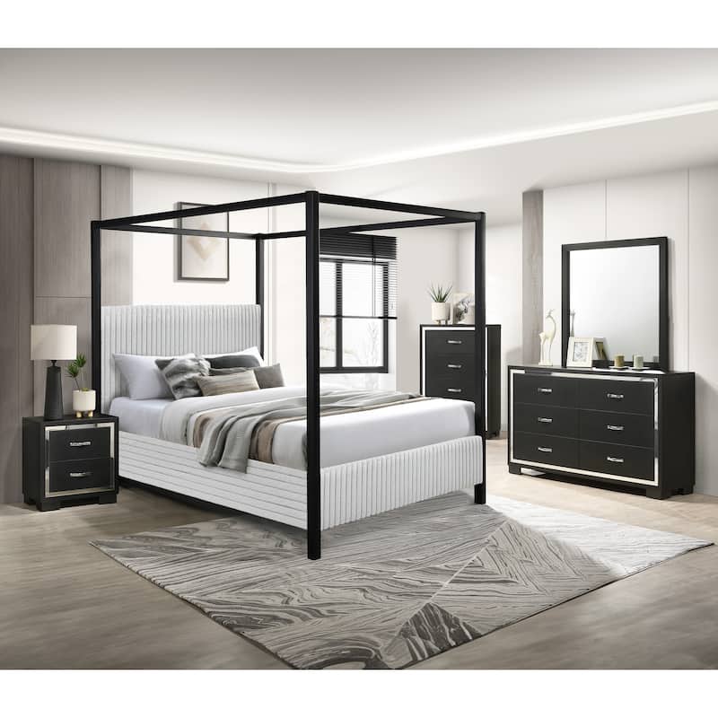 Modern Canopy Queen Bed with Upholstered Headboard, Light Gray