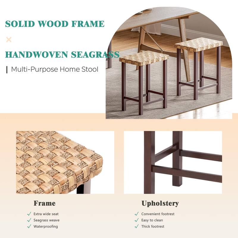 Set of 3 Handwoven Seagrass Bar Stools - 26.3" Height Adjustable, Solid Rubberwood Legs