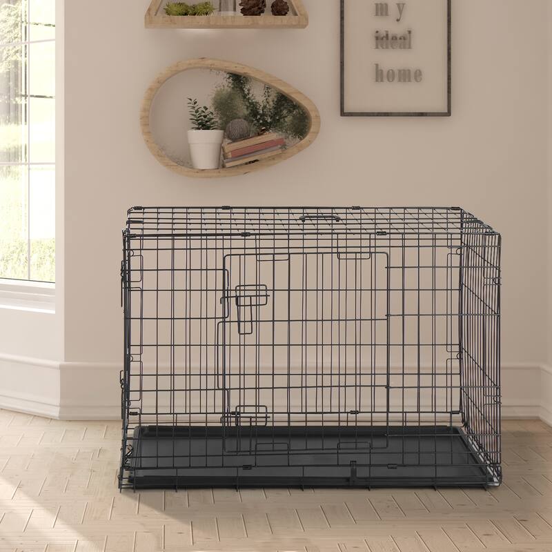 Black Wire Metal Pet Kennel Cat Dog Folding Steel Crate with Rounded Edges and Carrying Handle