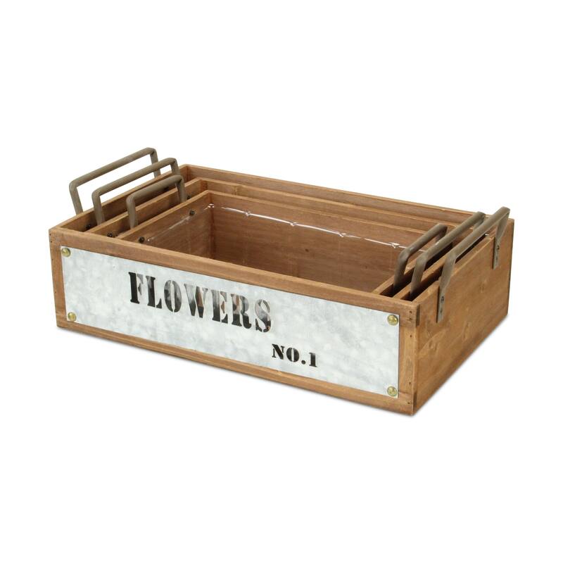 Brown Wood and Galvanized Metal Jardin Fleurs Stamped Crate (Set of 3)
