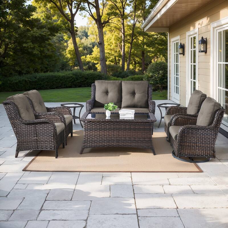 Gymojoy 8-Piece Outdoor Wicker Patio Furniture Set with Swivel Rockers, Loveseat & Side Tables - Brown Wicker / Grey Cusion - 8-Piece