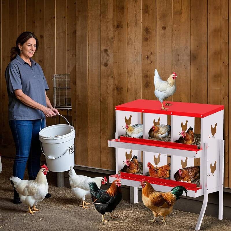 Wall-Mount or Free-Standing Metal Chicken Nesting Box for Hens, Red with Legs