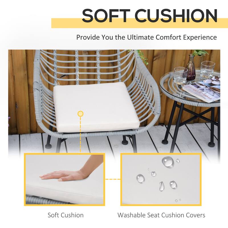 3 Piece Patio Set, Outdoor Bistro Furniture, PE Rattan Wicker Table and Chairs, Cushioned, Hand Woven, Modern Look with - Grey
