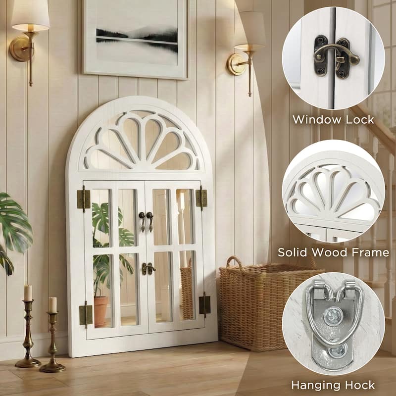Solid Wood Arched Framed Windowpane Accent Mirror Wall Mirror