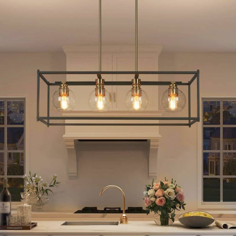 Iain Modern 4-Light Black Gold Chandelier Metal With Seeded Glass Shades Rectangle Kitchen Island Lights for Dining Room