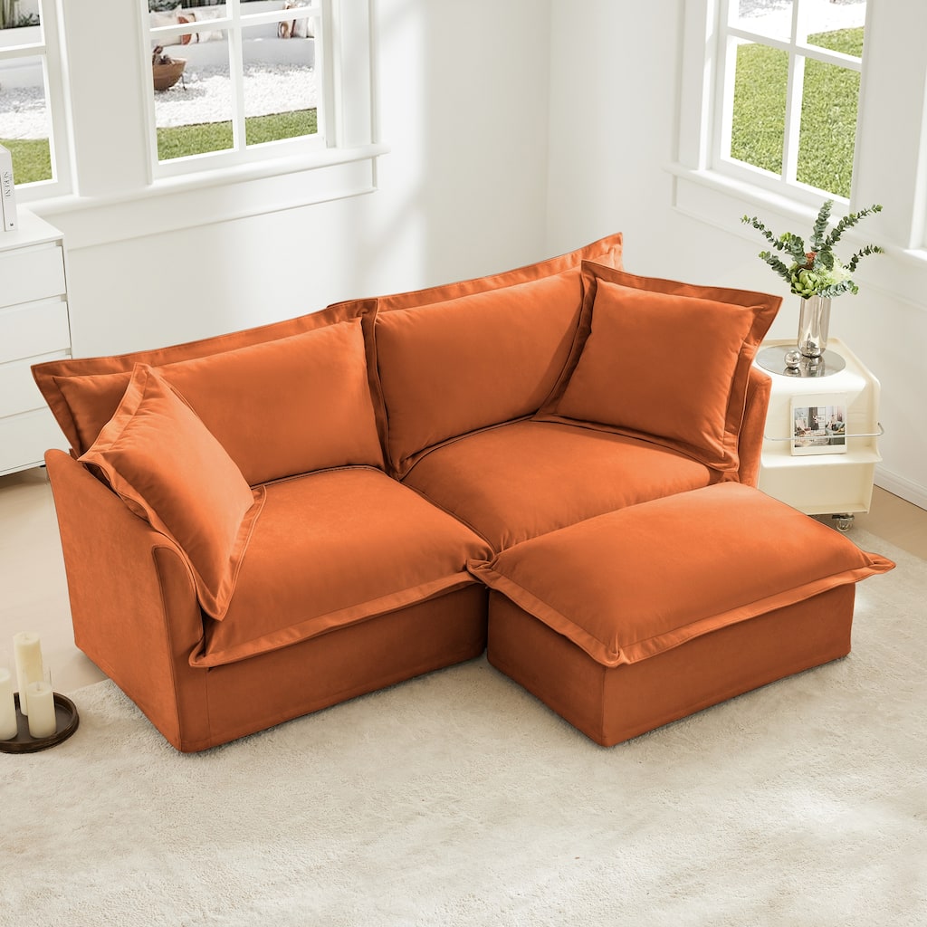 Slipcovered Chenille 2-Seater Sofa Couch with Convertible Ottoman & Soft Big Pillows