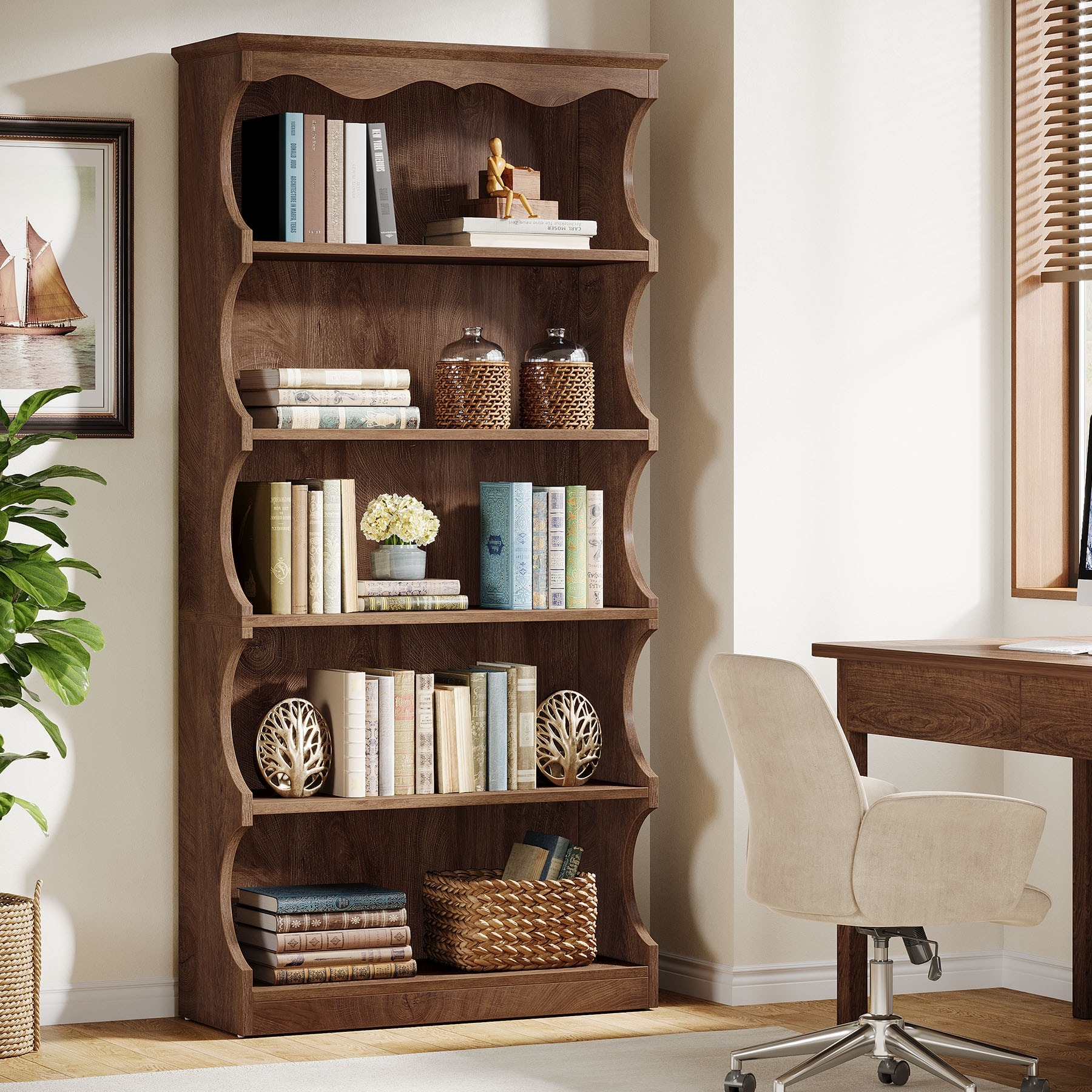 70-Inch Tall 5-Tier Curved-Edge Bookcase