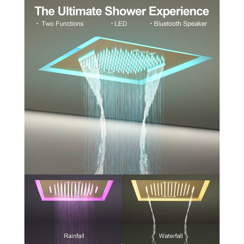 GRANDJOY Thermostatic Shower System 20" Ceiling Mount Shower Head Handheld Spray and Body Jets Combo LED Music
