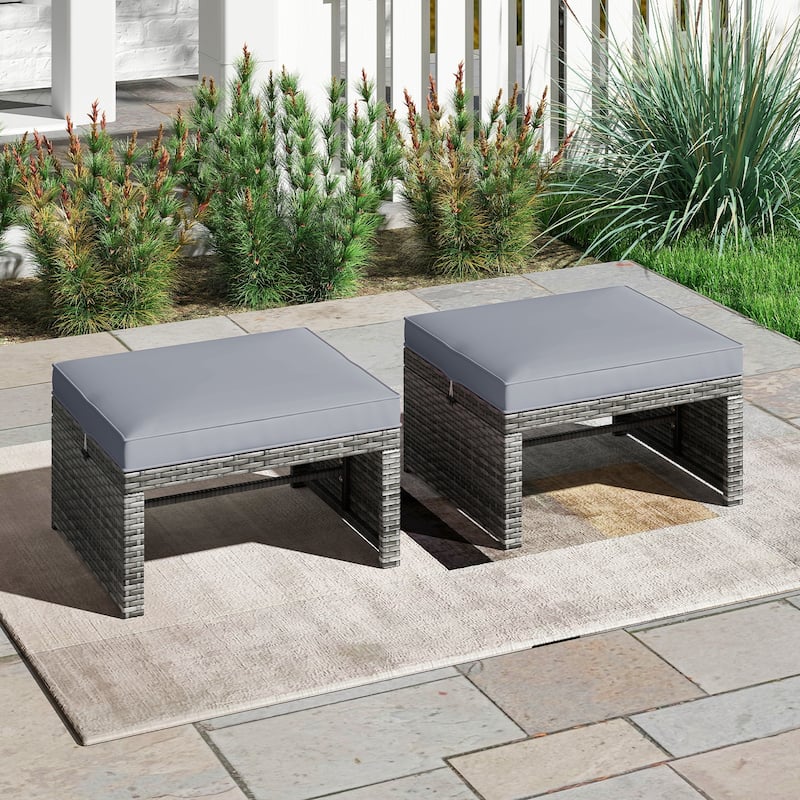 PE Rattan Outdoor Ottomans with Cushions, Footrest Seats or Tables - 16" L x 19" W x 9.5" H - Grey