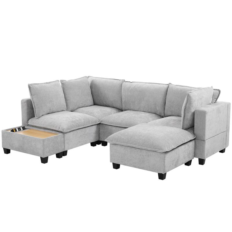 U-Shaped Sectional Sofa with Ottoman, Coffee Table with Hidden Charging Devices, Oversized Chenille Upholstered Cloud Sofa