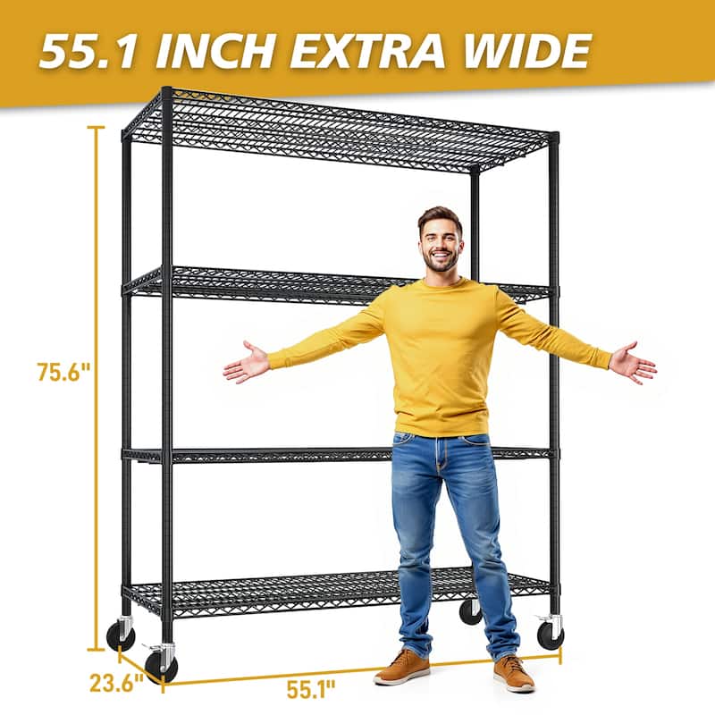 Black Adjustable 4-Layer Metal Storage Rack with Lockable Casters for Home and Commercial Use
