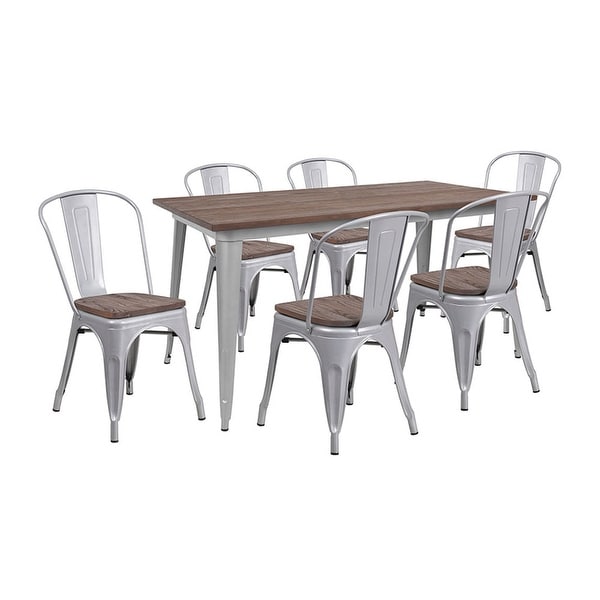 Offex 30.25" x 60" Silver Metal Table Set with Wood Top and 6 Stack Chairs