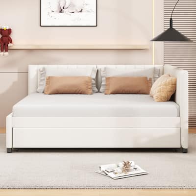Full Size Upholstered Daybed with Trundle Sofa Bed Frame No Box Spring Needed, Linen Fabric, Beige