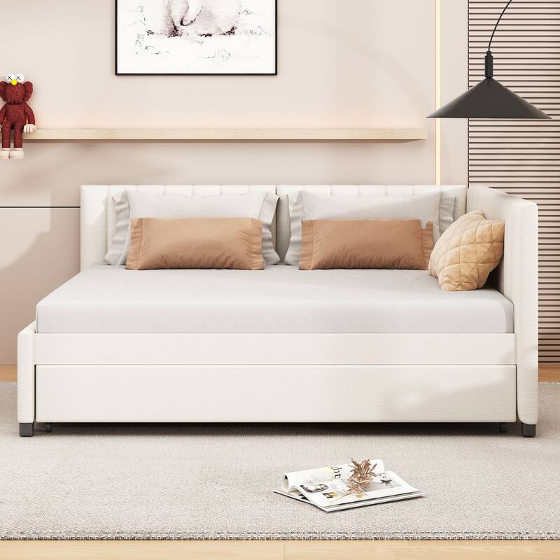 L-Shaped Backrest Daybed Upholstered Daybed Frame Classic Wood Slats Design with 2 Storage Drawers or Trundle, Full Size