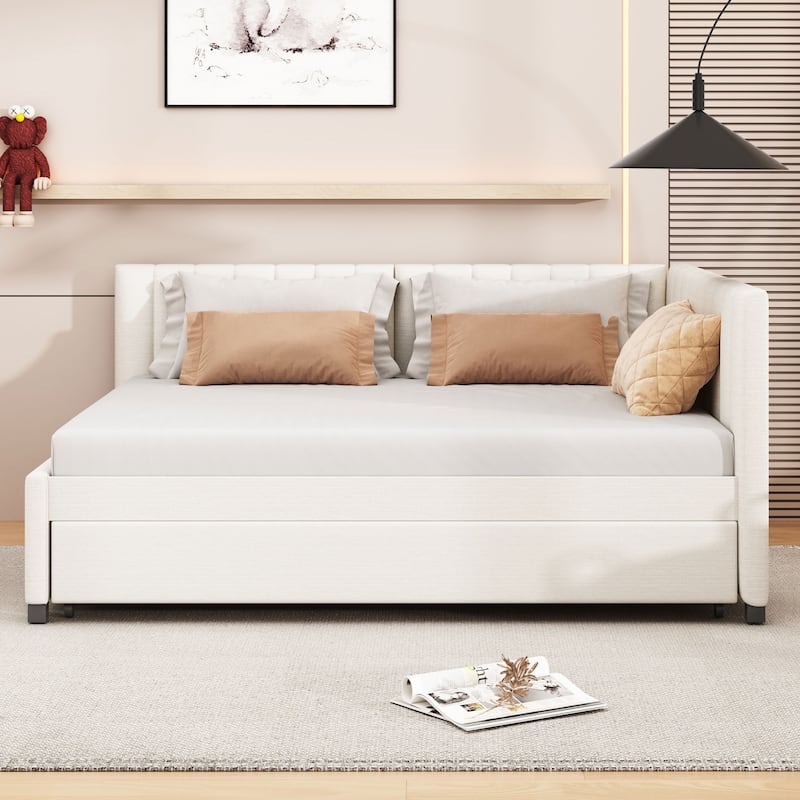 Upholstered Daybed with Trundle Sofa Bed Frame No Box Spring Needed, Linen Fabric