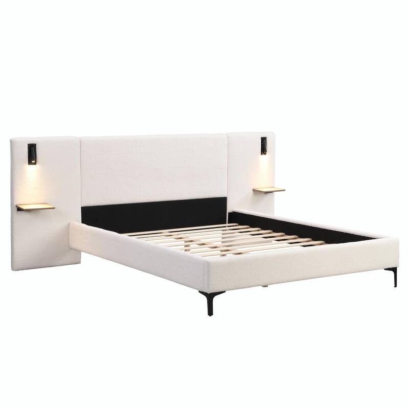 Chic Bouclé Upholstered Bed with Integrated Lighting and Shelves