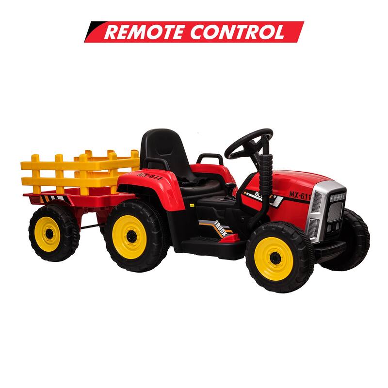 12V Kids Electric Tractor w/Remote Control Treaded Tires,Battery Powered Ride On Tractor with Trailer & 2+1-Gear-Shift