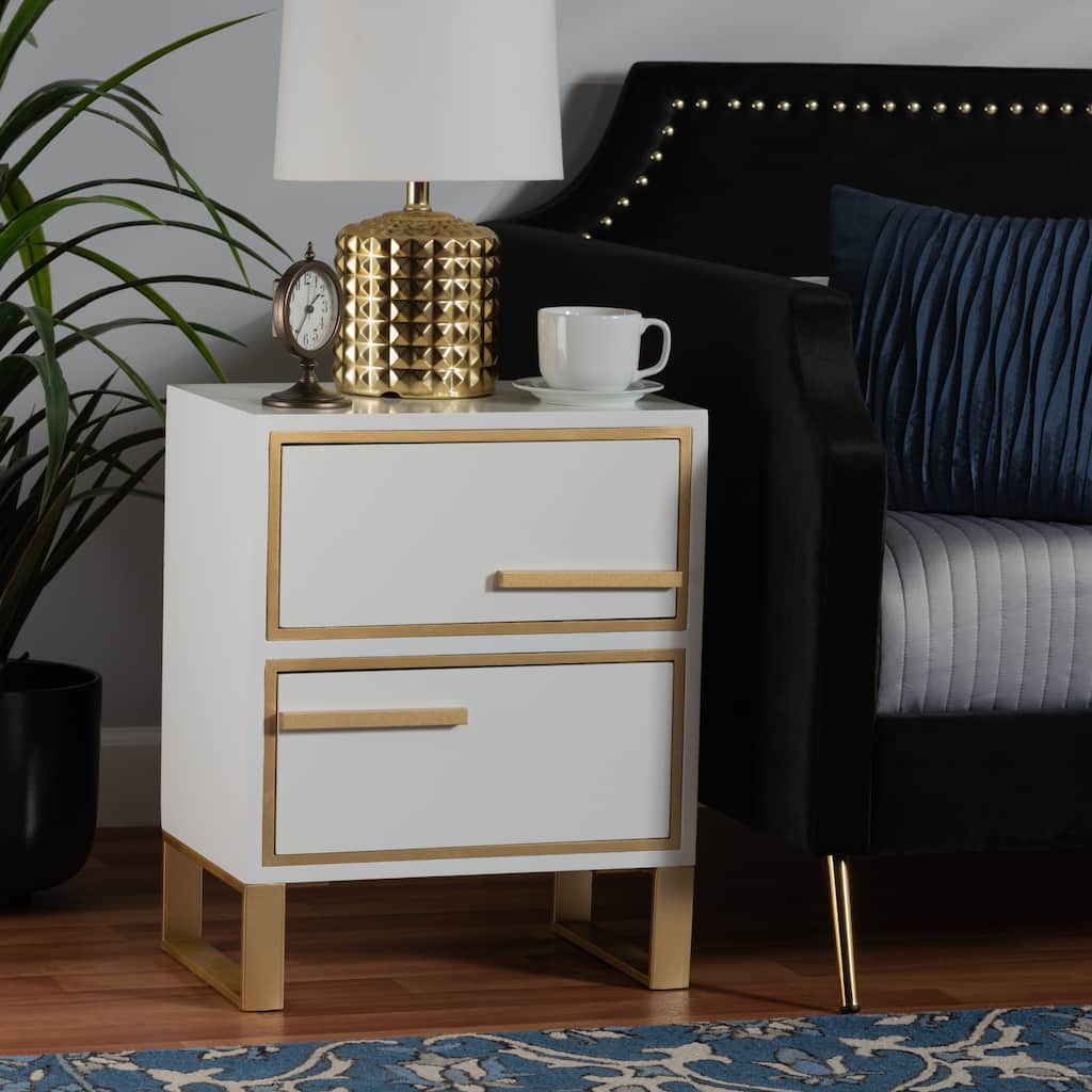 Baxton Studio Giolla Contemporary Glam and Luxe White Finished Wood and Gold Metal 2-Drawer End Table