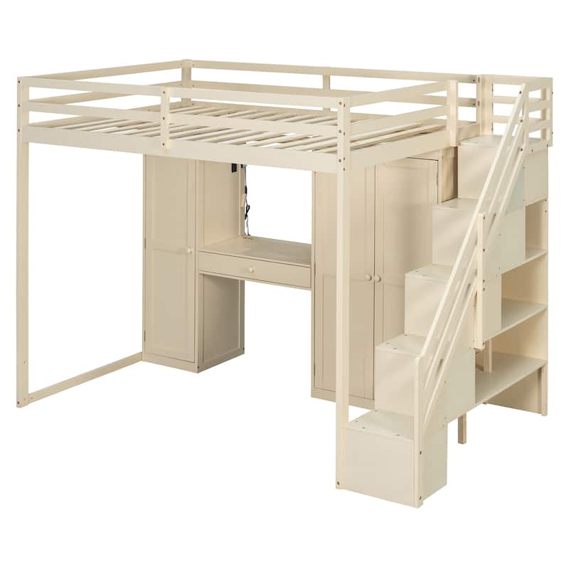 Full Size Loft Bed with Storage Staircase, Built-in Dressing Table, Mirror & Wardrobe - USB Charging & Lights