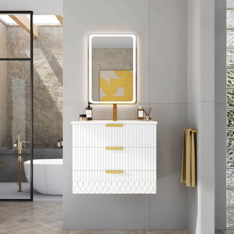 24 inch Wall Mounted Bathroom Vanity with Ceramic Sink, Side Cabinet & Single Hole Faucet