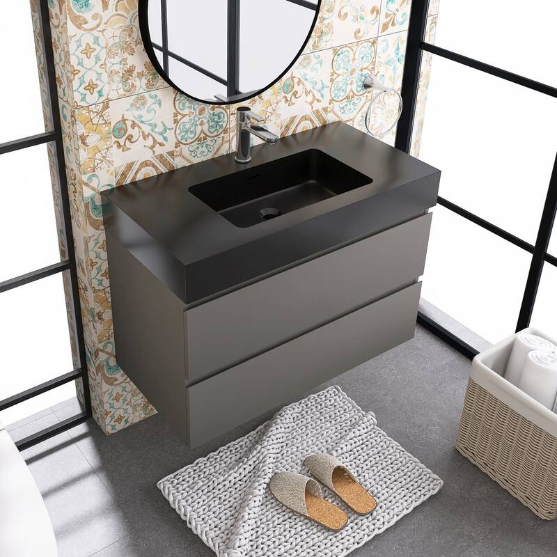 24"/30"/36" Wall-Mounted Bathroom Vanity Set with Black Integrated Quartz Sand Sink