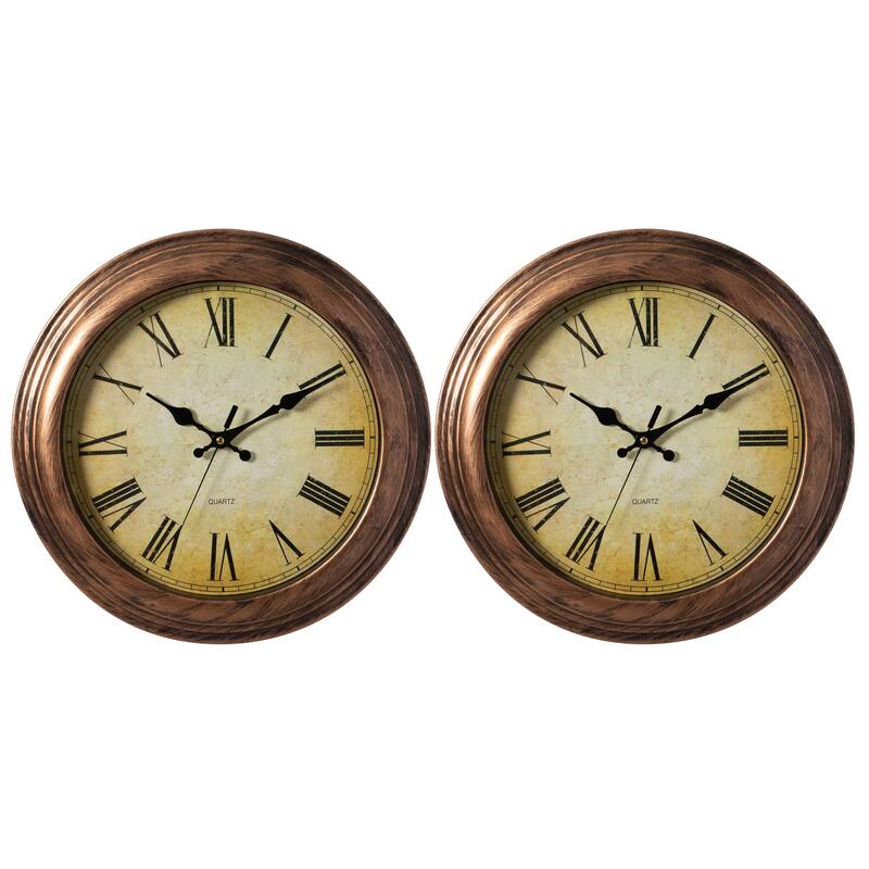 15.5 in Wall Clock for Home Kitchen Living/Dining Room Office Over Fireplace Decor, Easy to Read, Rustic Bronze, Non-Ticking - Set of 2