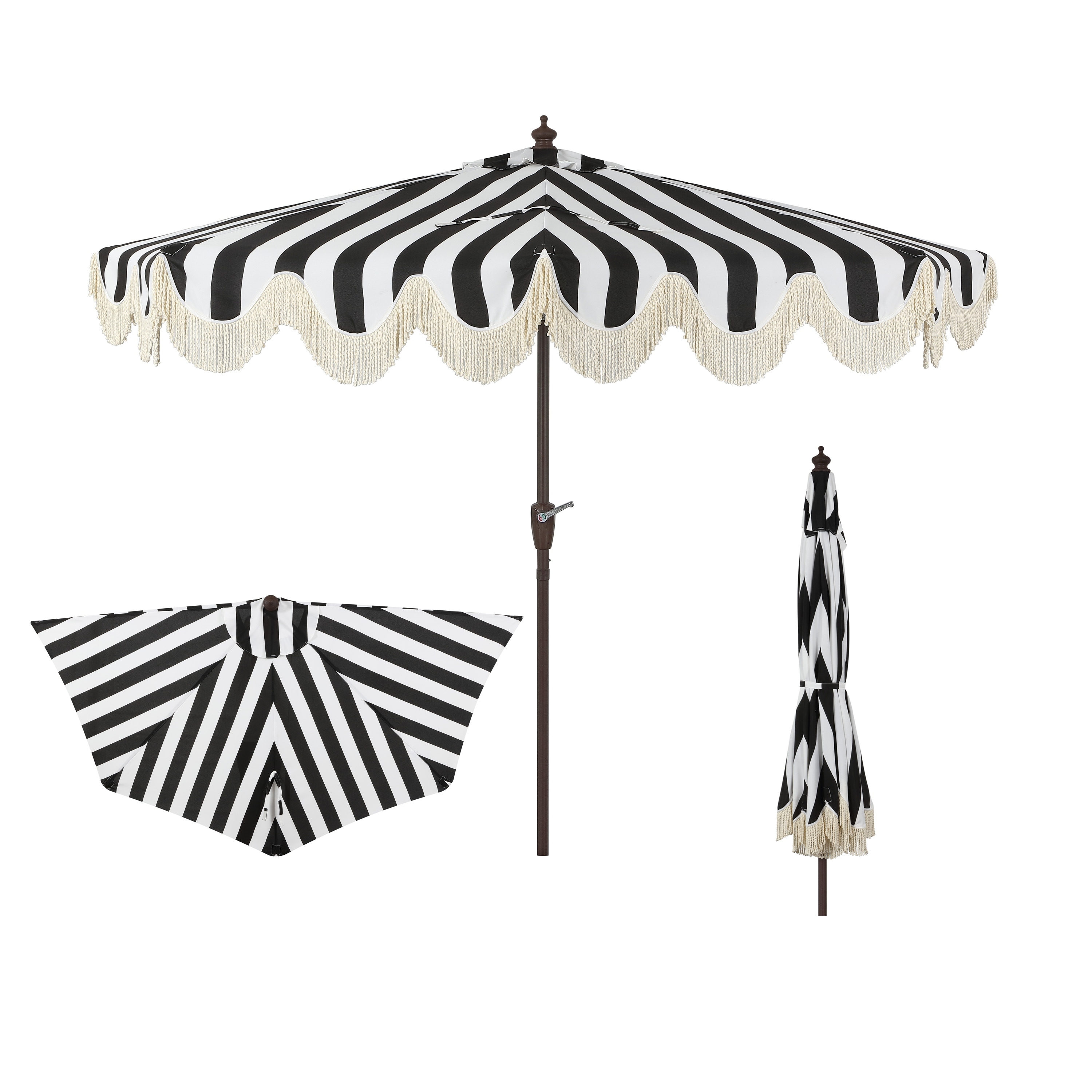 black striped patio umbrella Best Choice Products 10ft Solar LED Lighted w/ Tilt Adjustment, UV-Resistant Fabric with its tilt and crank mechanism that fits most patio tables and umbrella stands Sunnyglade 9' Solar LED Patio