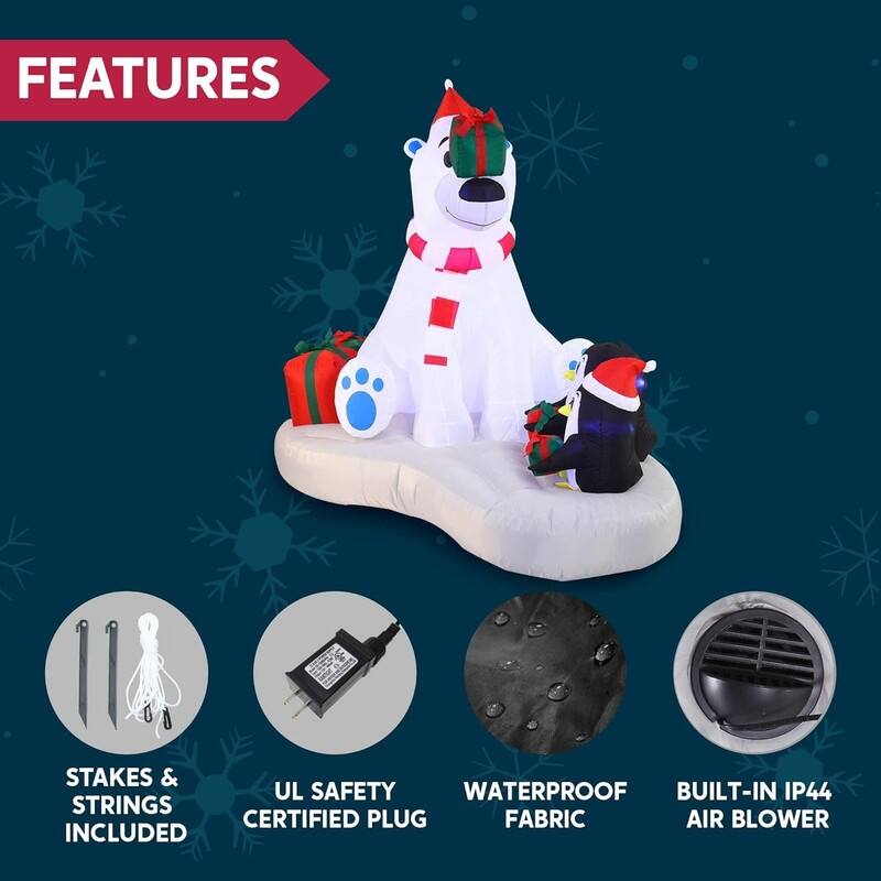 6 FT Long Christmas Inflatable Polar Bear and Penguin with Campfire Decoration, Blow Up Inflatable with Build-in LEDs - White