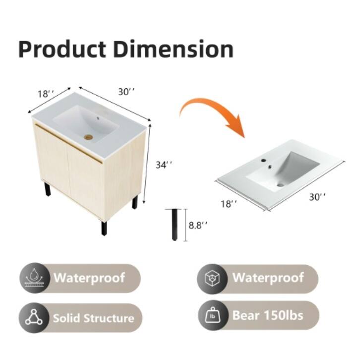 30 Inch Bathroom Vanity with Sink, Soft-Closing Drawers & Oak Finish