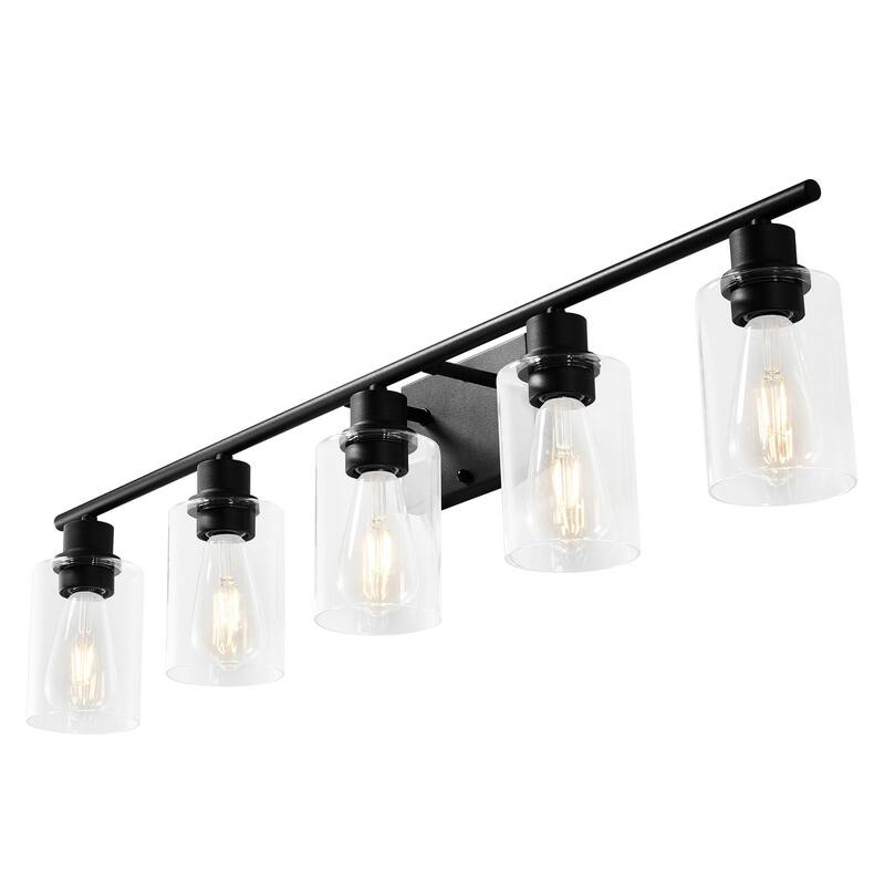 5-Light Wall Mounted Bathroom Vanity Light Fixture with E26 Base Glass Shades and Black Finish