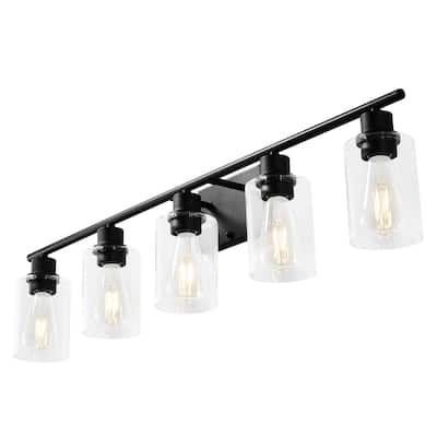 5-Light Wall Mounted Bathroom Vanity Light Fixture with E26 Base Glass Shades and Black Finish