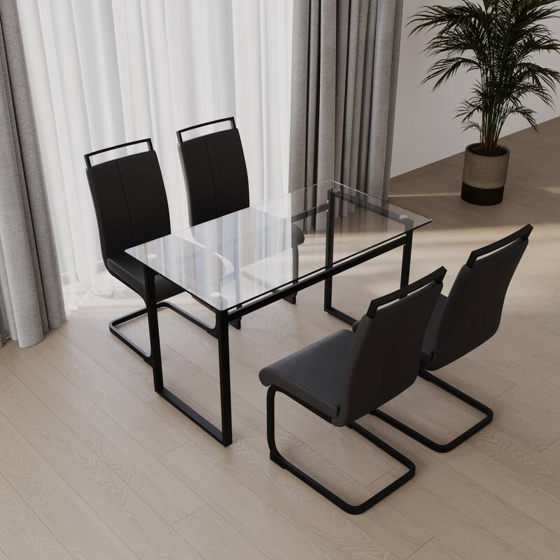 5-Piece Modern Glass Dining Table Set with 4 PU Upholstered Chairs