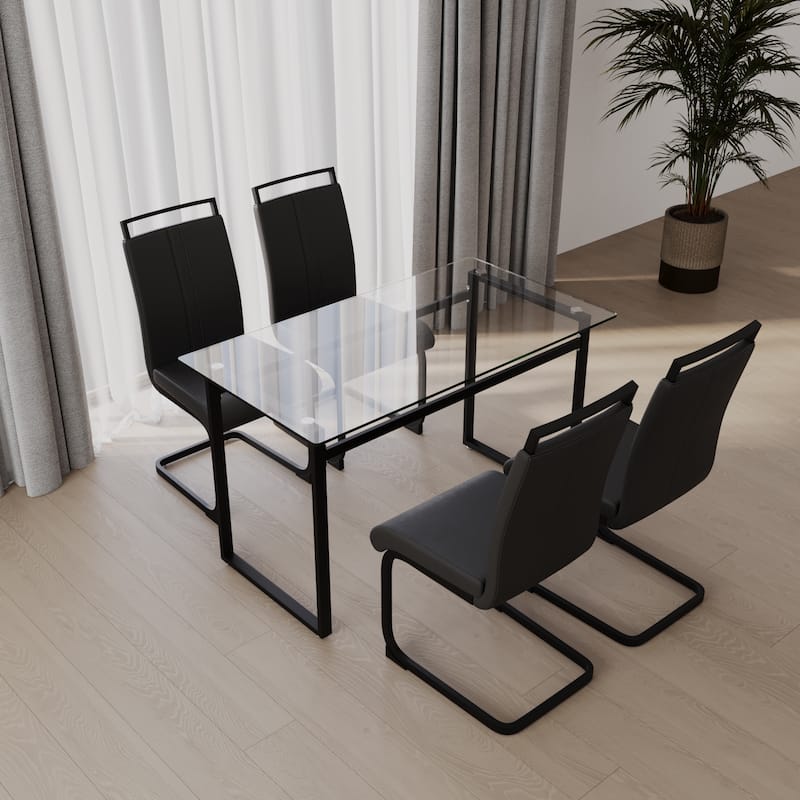 Modern 5-Piece Dining Set with Rectangular Glass Table & High Back Metal C-shaped Tube Chairs