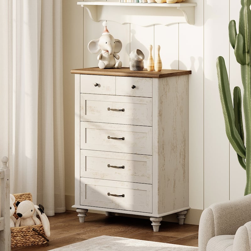 Farmhouse Baby Dresser with 5 Drawers, Wood Kid Dresser for Kids Room