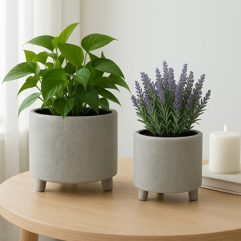 Footed Scratched Planter Pots Set of 2 - Silver, 6/8 in.