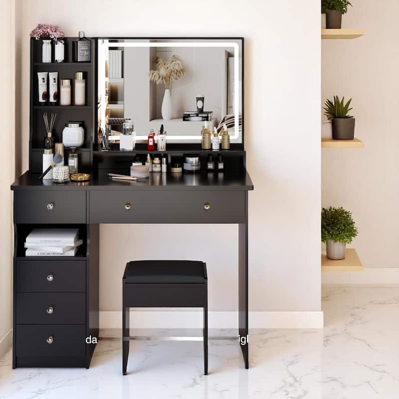 Modern Makeup Vanity Table with 27"x20" Lighted Mirror, 41" Wide Desktop, Left Drawer and Stool, Ideal for Large Rooms
