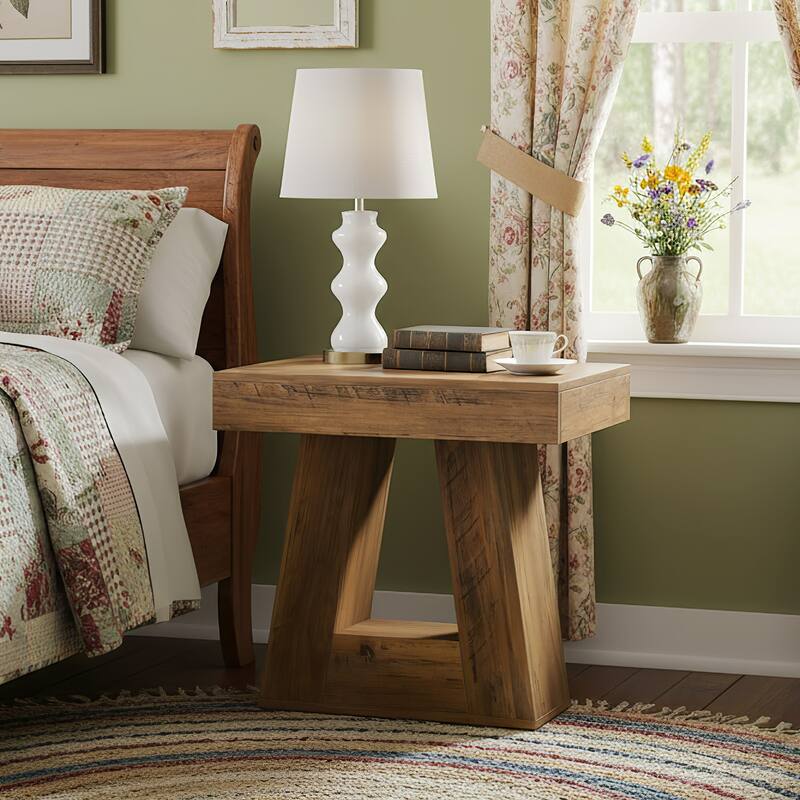 2-Tier Modern Nightstand with Trapezoid Base, Wood-Grain Bedside Table