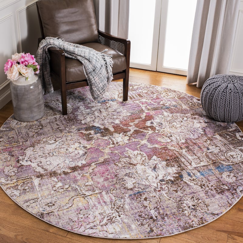 SAFAVIEH Bristol Tomita Vintage Boho Oriental Polyester Rug - 7' Round - Pink/Grey
