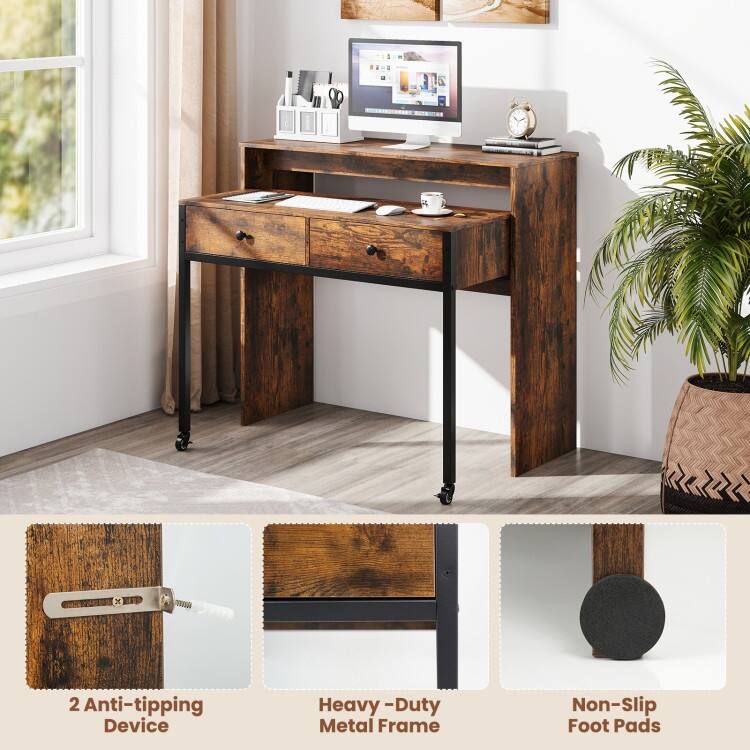 Multifunctional Natural Engineered Wood Extendable Desk with 2 Drawers