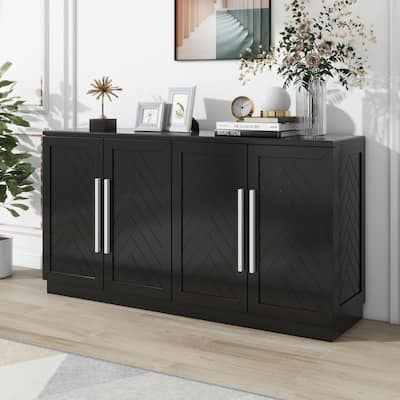 Sideboard Buffet Cabinet with 4 Doors, Large Storage, Adjustable Shelves and Silver Handles for Kitchen, Dining Room, Black