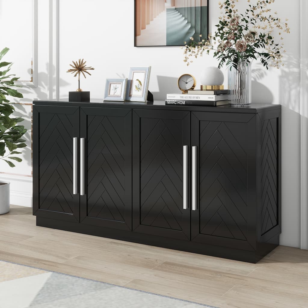 Sideboard with 4 Doors Large Storage Space Buffet Cabinet with Adjustable Shelves and Silver Handles for Kitchen