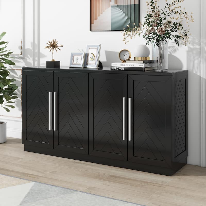 Solid Wood Sideboard with 4 Doors Large Storage Buffet Cabinet - Black