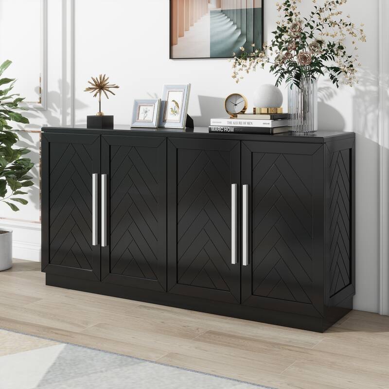 Wooden Sideboard with 4 Doors, Coffee Bar Cabinet with Adjustable Shelves, Storage Cabinet with Silver Handles - Black