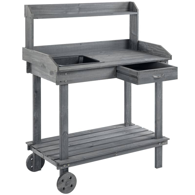 Wooden Potting Bench Work Table with 2 Detachable Wheels & Removable Sink, Outdoor Garden Workstation Table