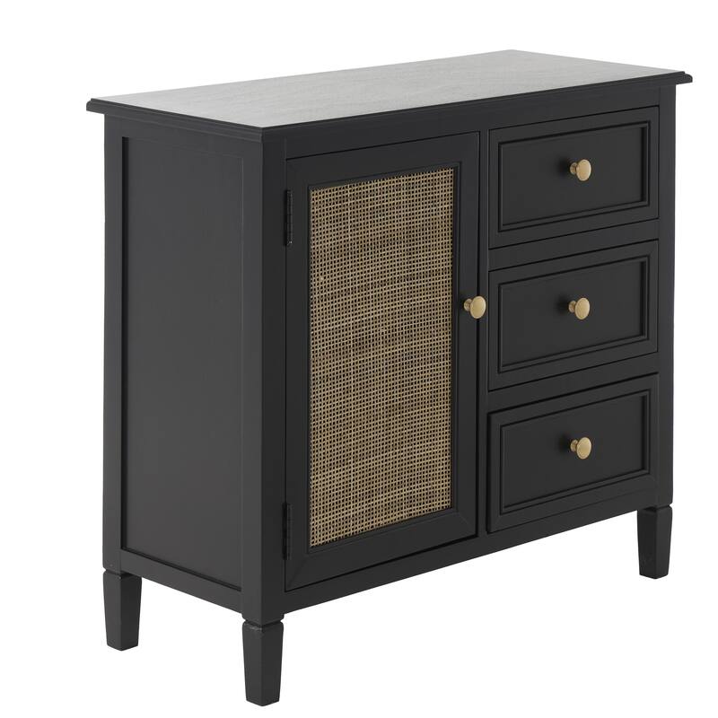 Wood Handmade 1 Door and 3 Drawers Cabinet with Rattan Front - Black - Roche River Decor
