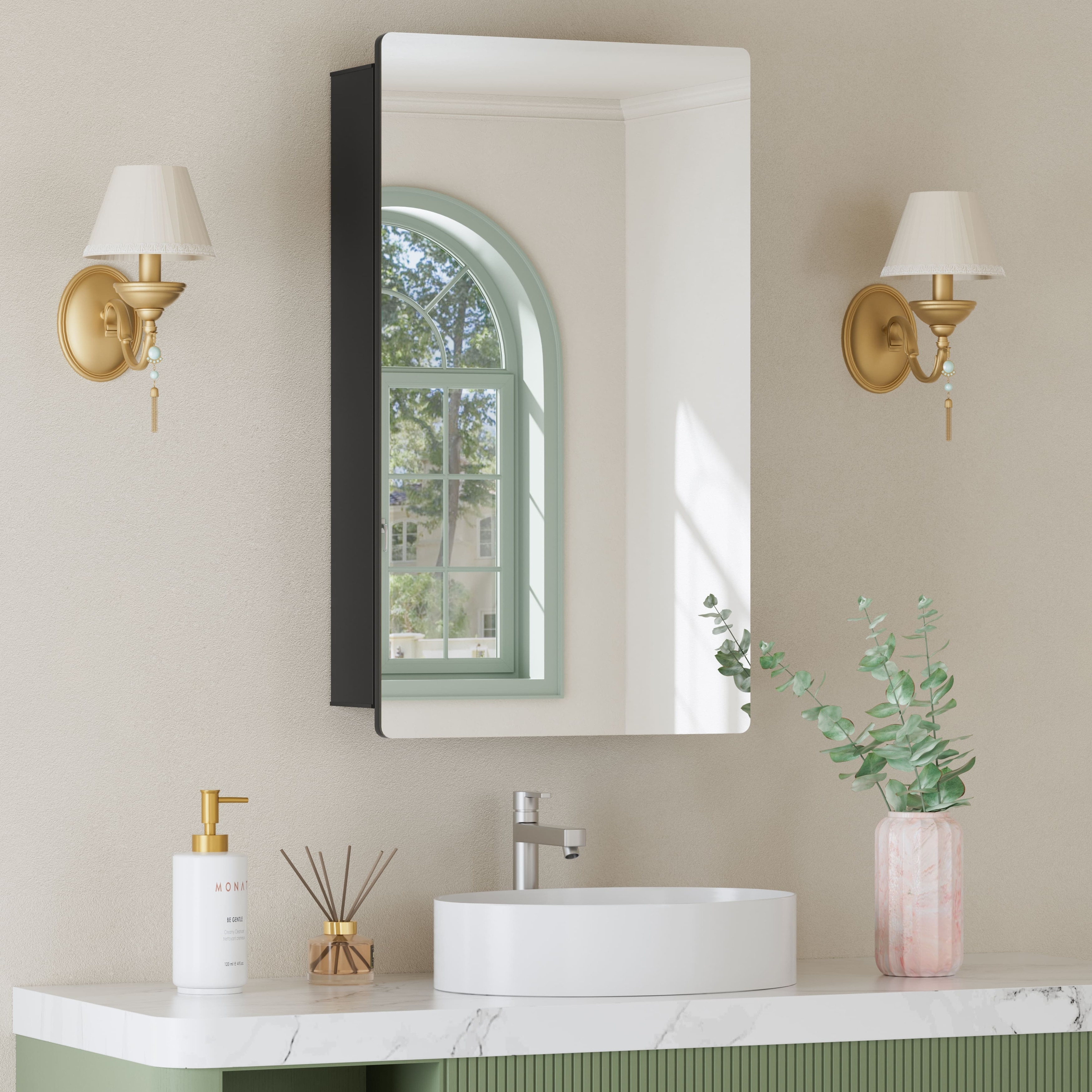 Mira Rectangular Frameless Medicine Cabinet with Mirror, Sliding Adjustable Glass Shelves, Reversible Door