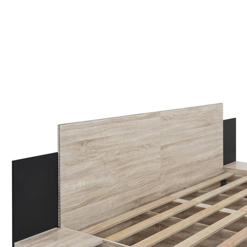 Wooden Floating Platform Bed, with LED Lights and Bedside Nightstand